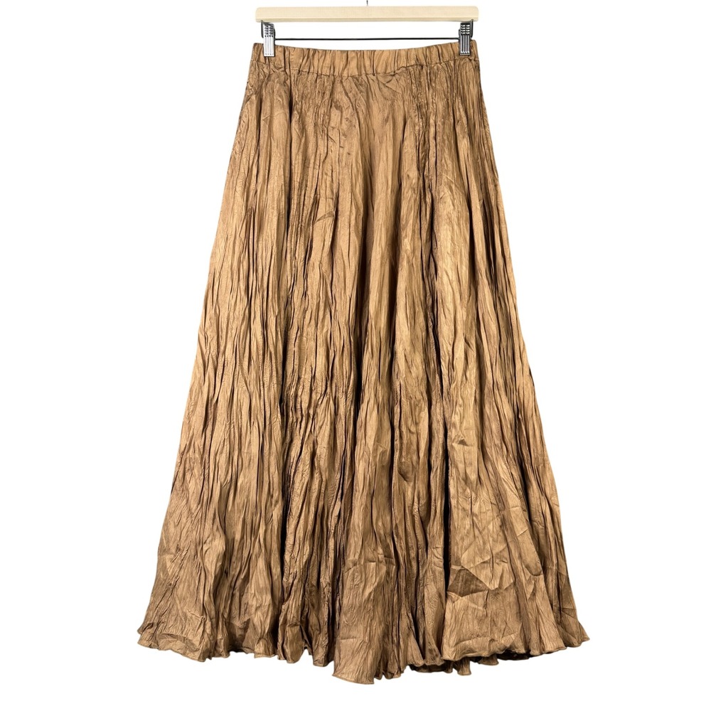 Phool 100% Silk Crinkle Broomstick Maxi Skirt Bronze Brown One Size OSFA